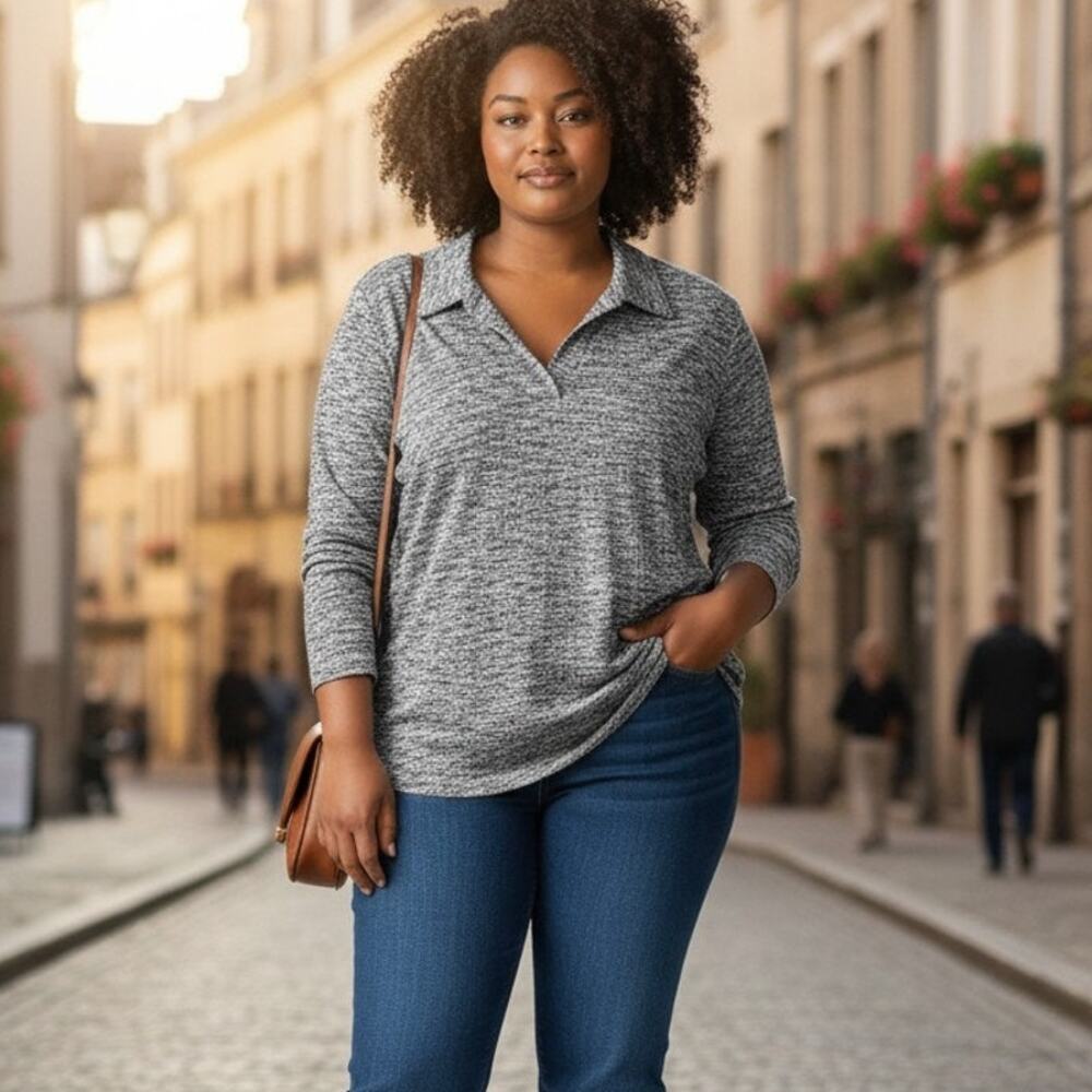 NEW Lane Bryant Gray Ribbed Knit Collared Long Sleeve Top Plus Size 22/24 V-Neck